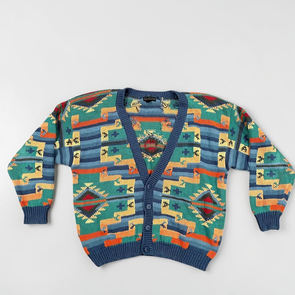 Vtg 90s Southwestern Aztec Grandpa Knit Button Front Cardigan Sweater Mens XL